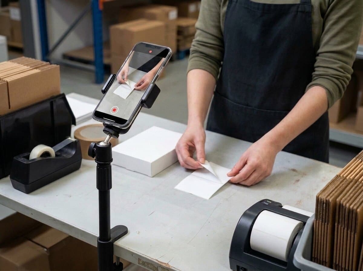 The shipping label is peeled from its backing in front of the mounted phone.