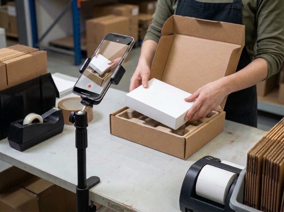 The item is lowered into a padded carton while the phone records.