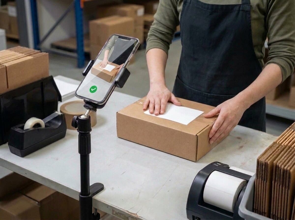 The sealed, labelled carton on the bench; the phone shows a frozen frame with a green tick.