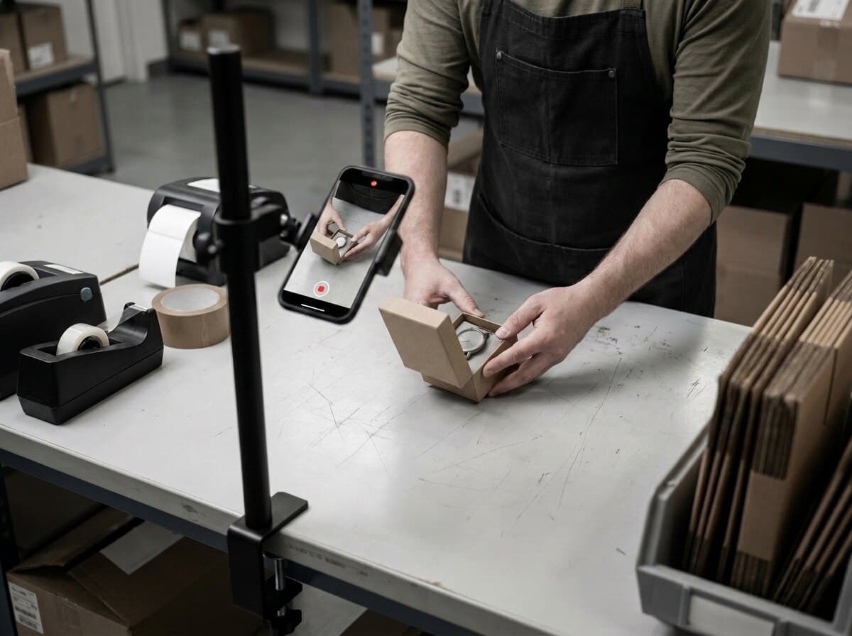The packer holds the item up to a phone mounted on a stand at the bench.