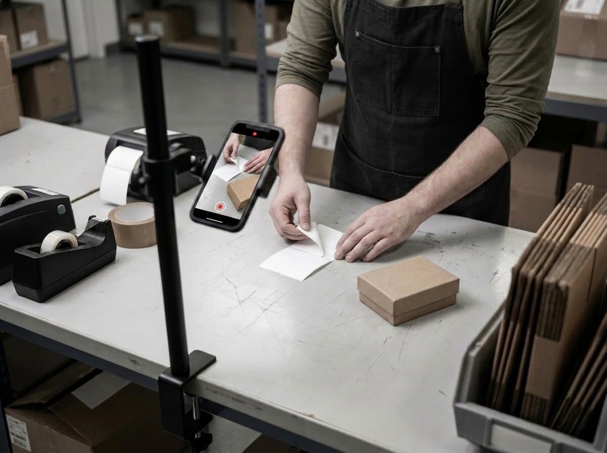 The shipping label is peeled from its backing in front of the mounted phone.
