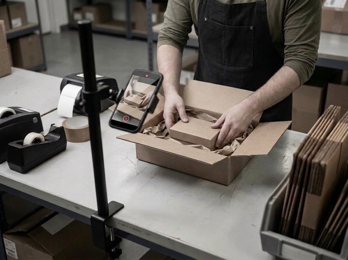 The item is lowered into a padded carton while the phone records.