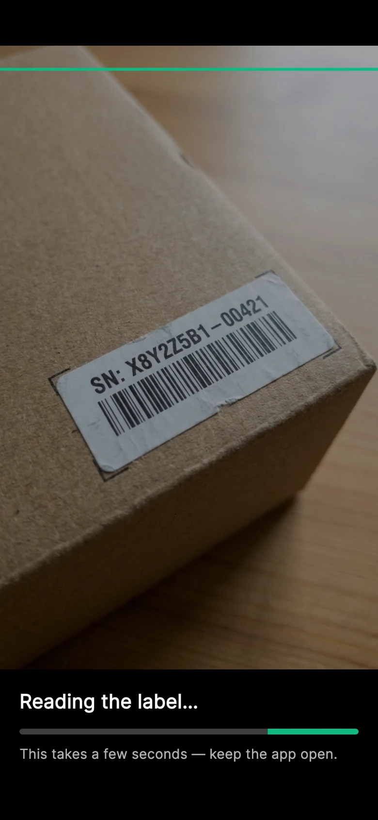 The PallasMark app showing receiving fields read from a label — reference, supplier, batch, location and quantity — to confirm