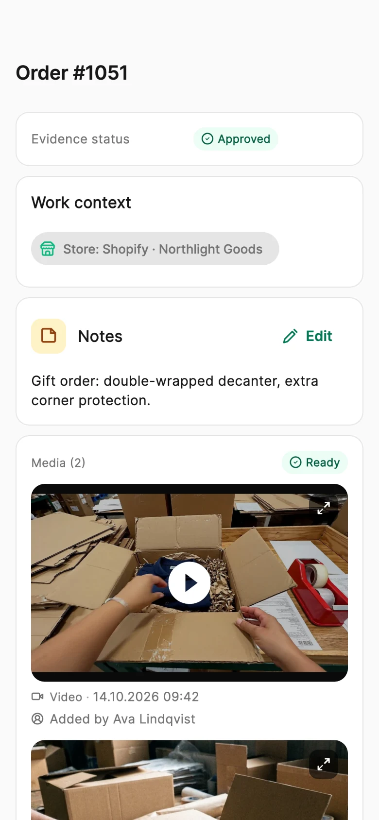 The PallasMark app recording an order: Add media, with Photo and Video modes